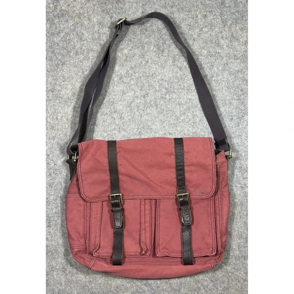 Vintage Fossil Canvas Messenger Bag Red Leather Strap Buckle Crossbody READ